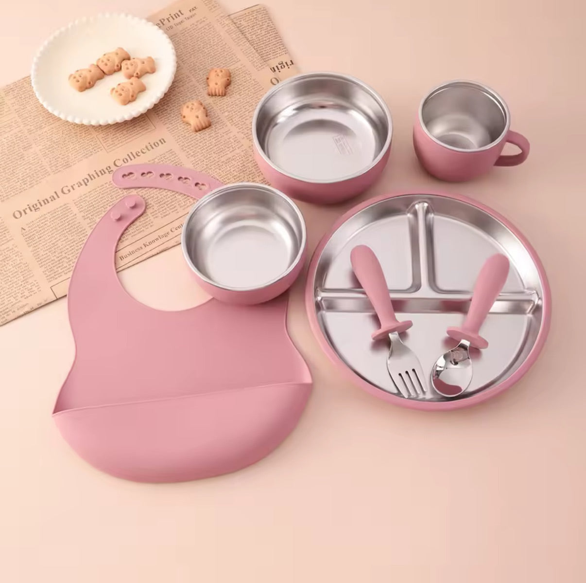 Baby feeding Set - Stainless steel & Silicon - 7 Pcs