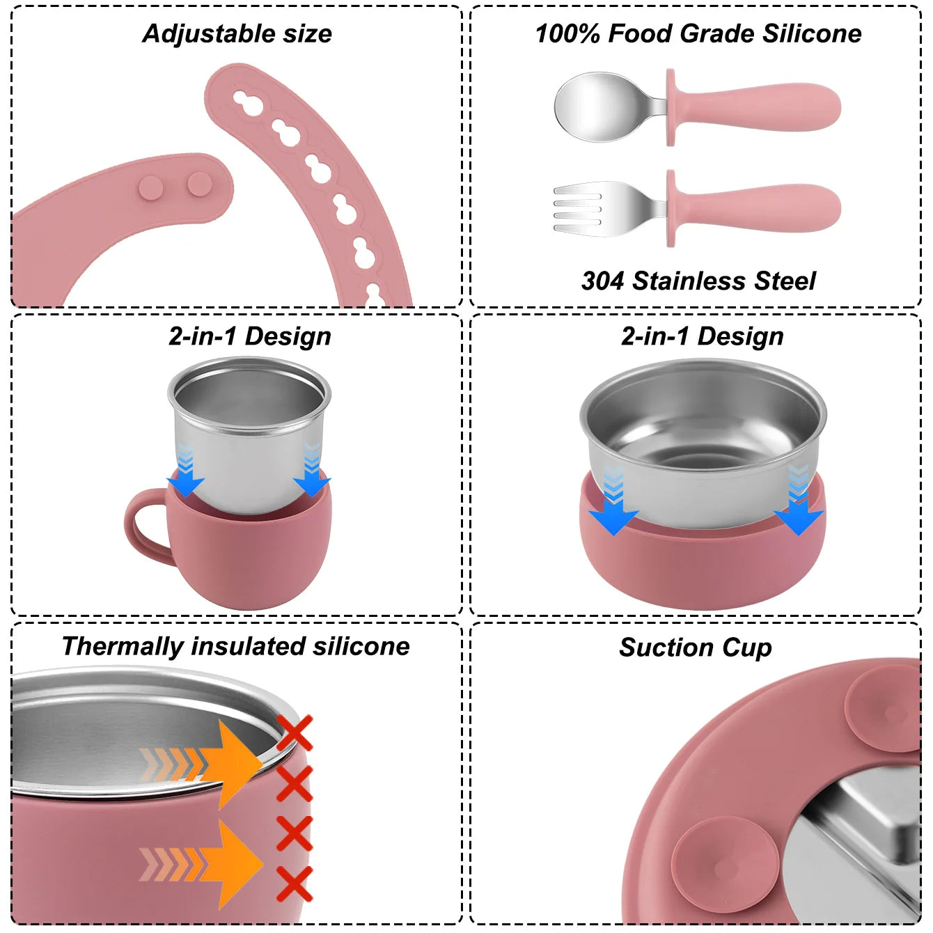 Baby feeding Set - Stainless steel & Silicon - 7 Pcs