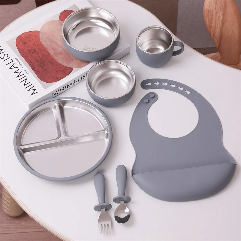 Baby feeding Set - Stainless steel & Silicon - 7 Pcs