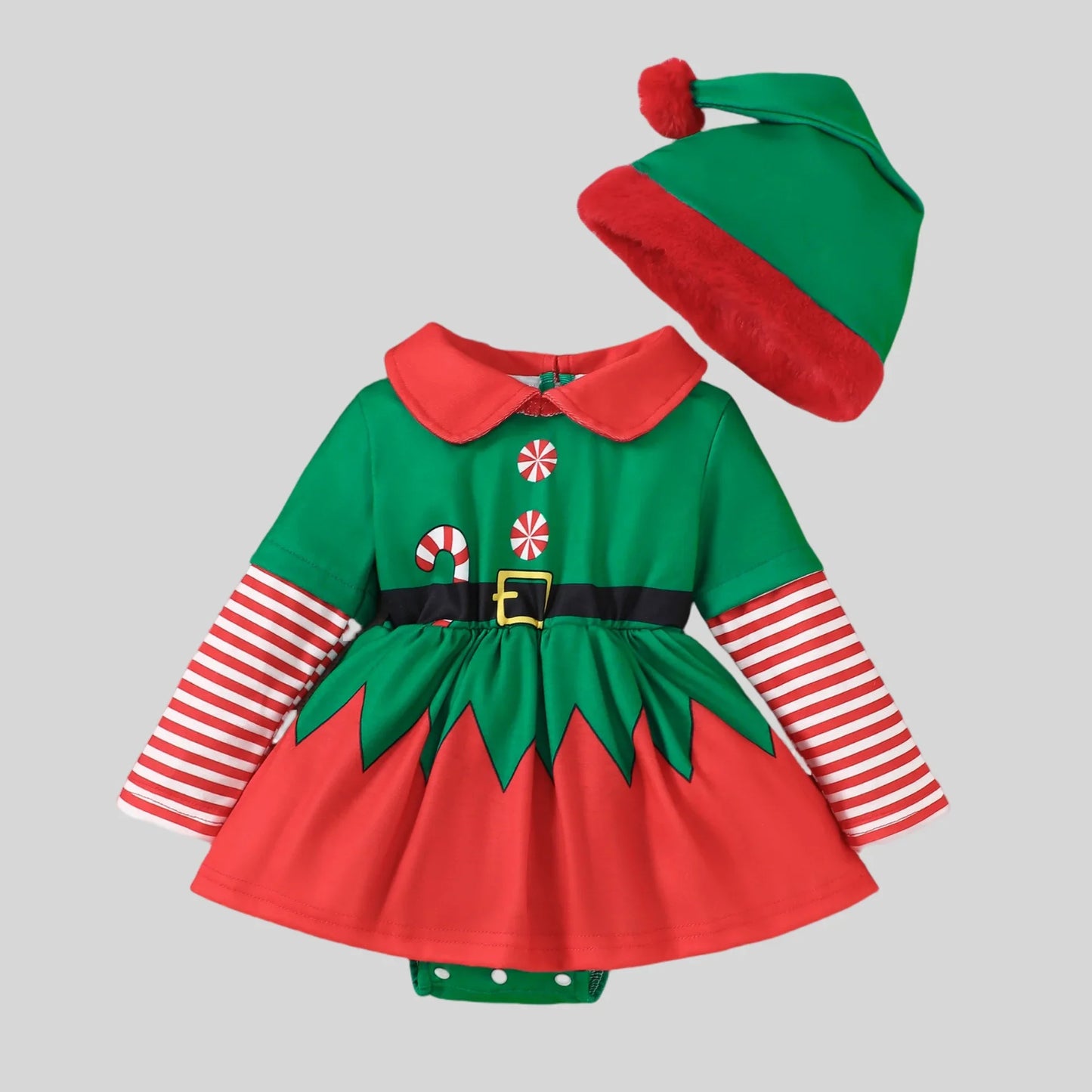 Girl Elf Christmas Jumpsuit & Hat Set- 2 pcs