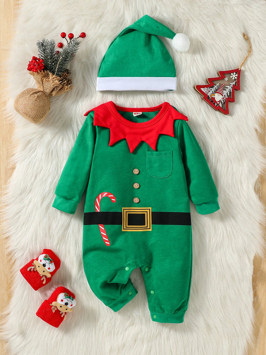 Baby Elf Christmas Jumpsuit & Hat Set-2Pcs