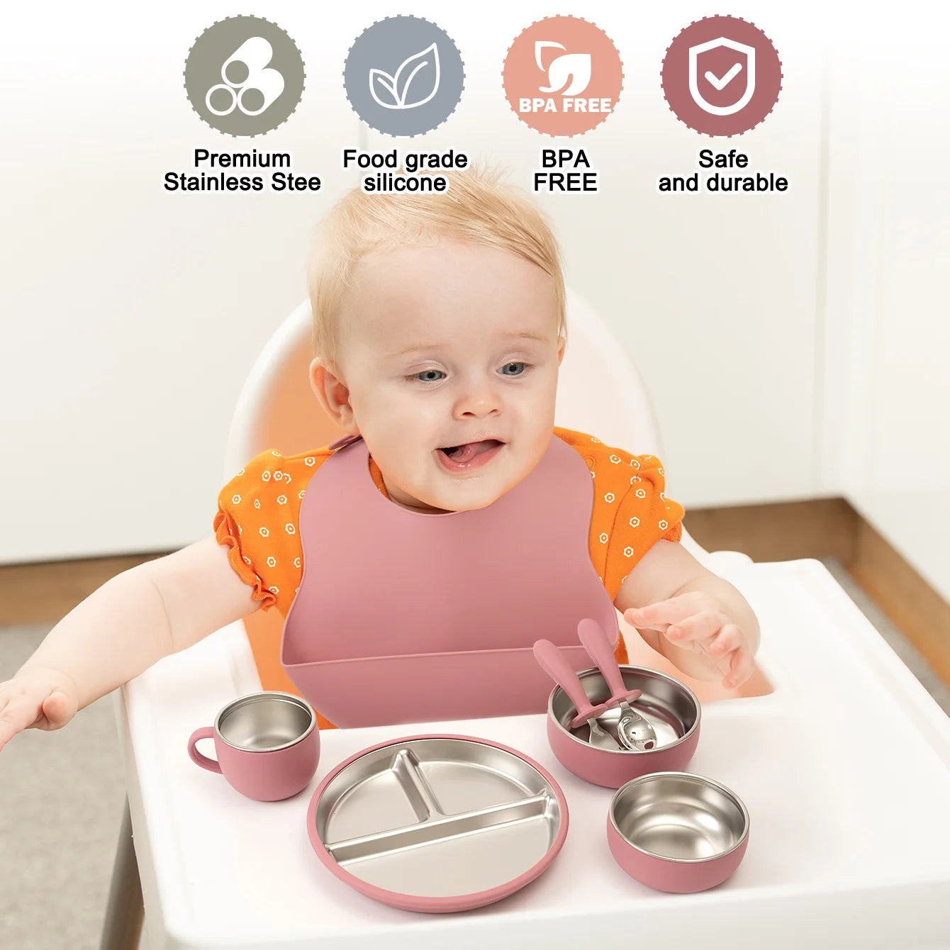 Baby feeding Set - Stainless steel & Silicon - 7 Pcs