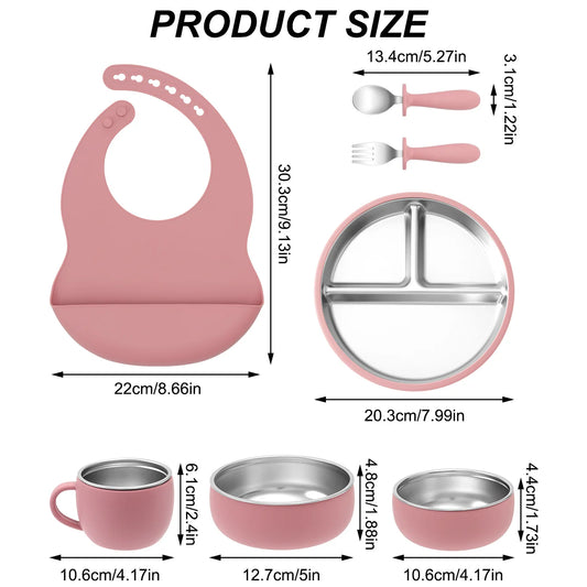 Baby feeding Set - Stainless steel & Silicon - 7 Pcs