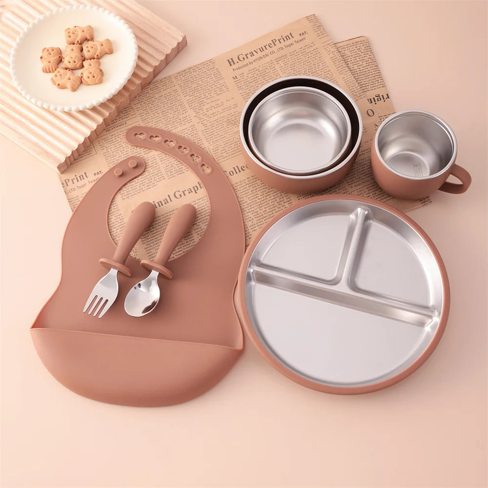 Baby feeding Set - Stainless steel & Silicon - 7 Pcs