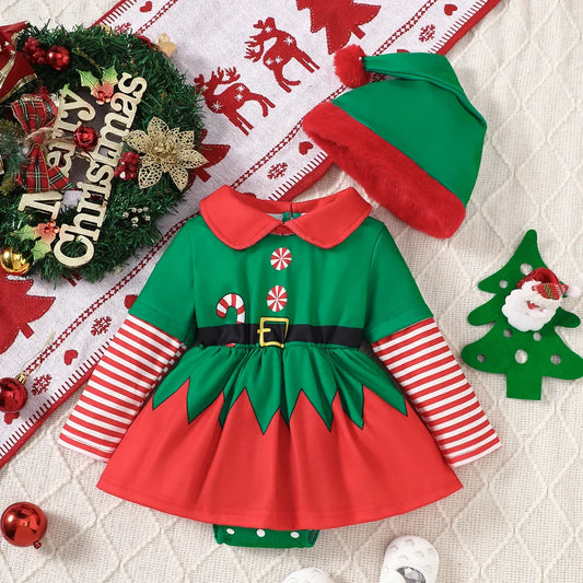 Girl Elf Christmas Jumpsuit & Hat Set- 2 pcs