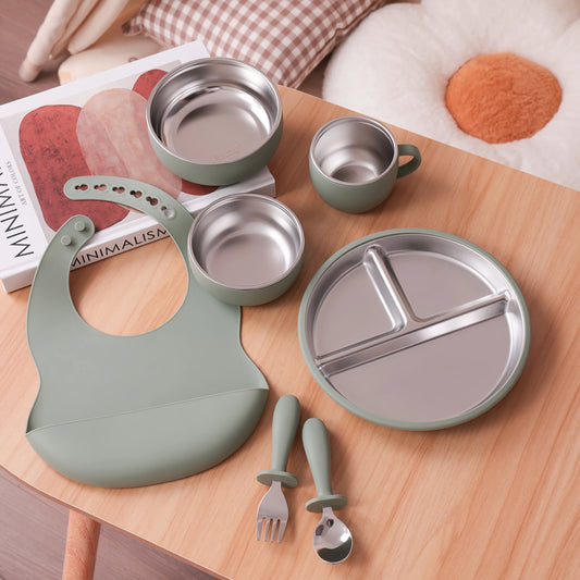 Baby feeding Set - Stainless steel & Silicon - 7 Pcs