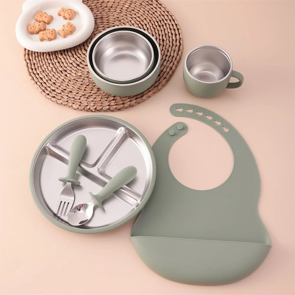 Baby feeding Set - Stainless steel & Silicon - 7 Pcs