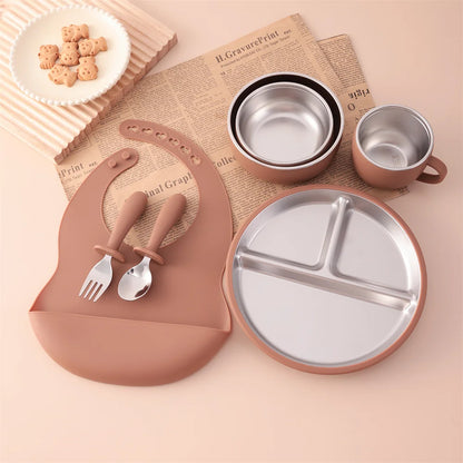 Baby feeding Set - Stainless steel & Silicon - 7 Pcs